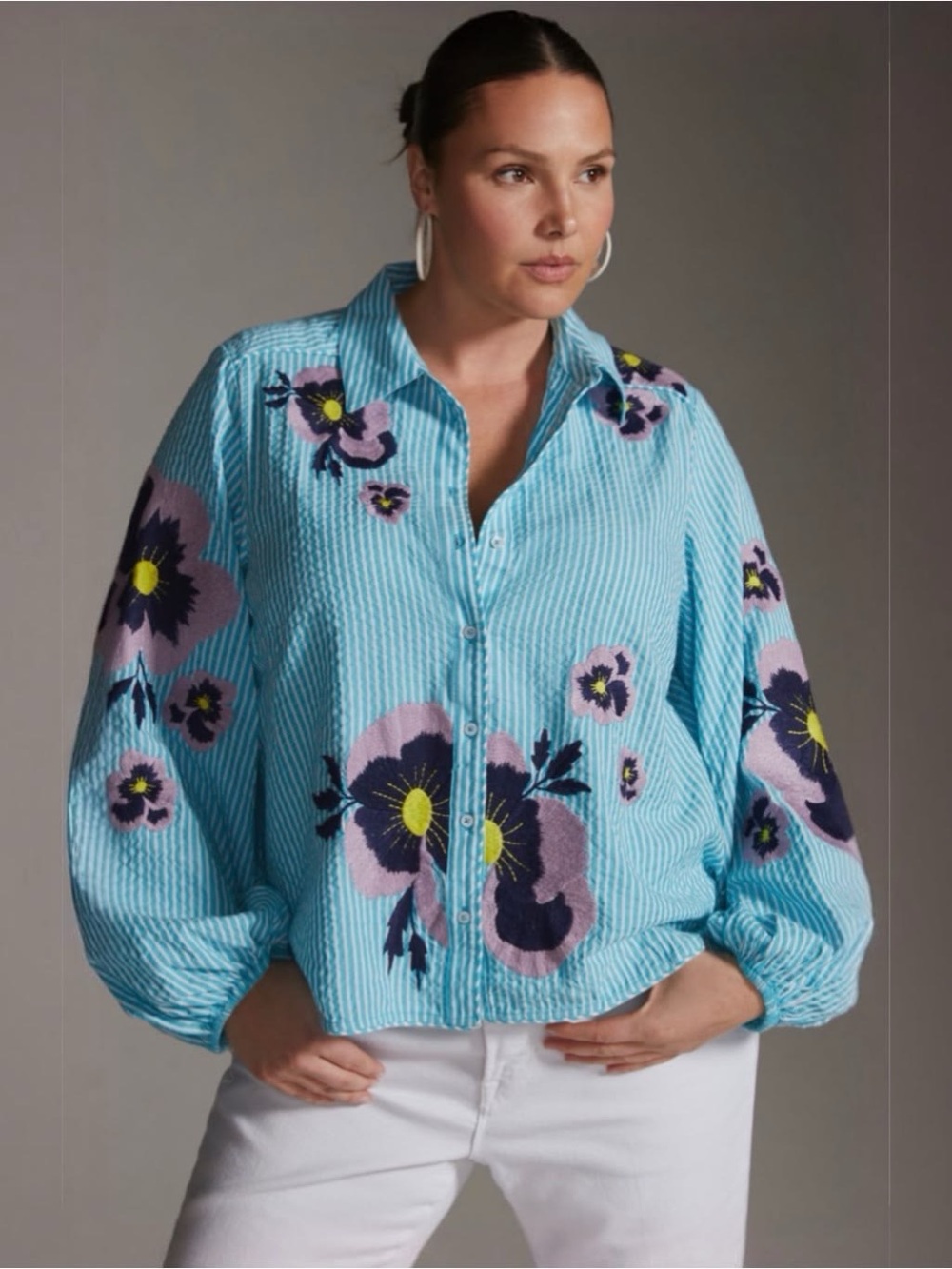 Anthropologie Maeve Turquoise Floral Embroidered Striped Button Shirt Size Small